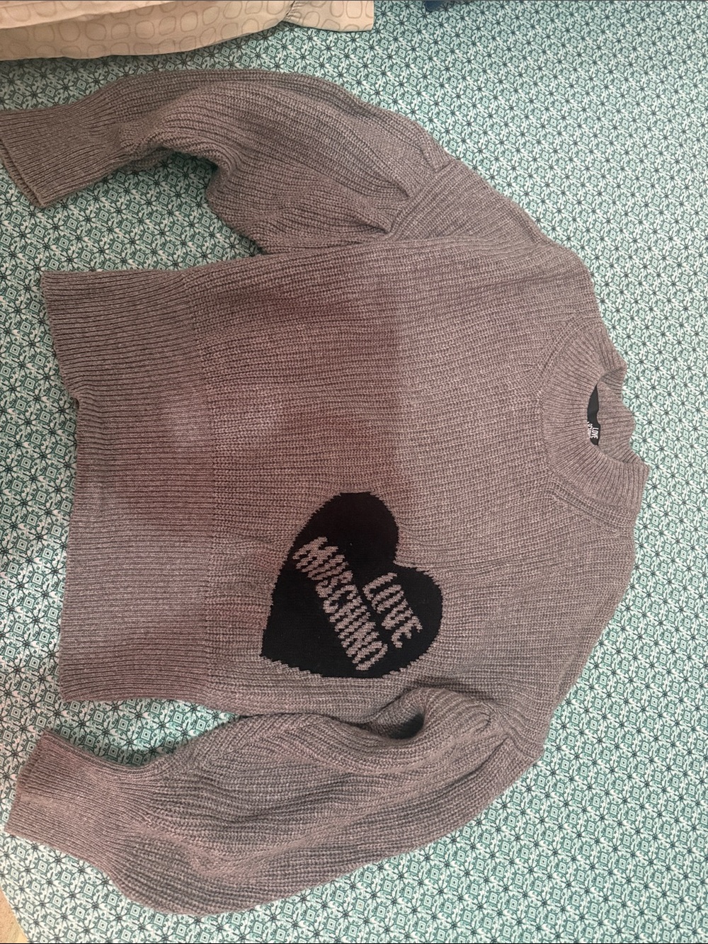 Love Moschino Gray Crewneck Sweater with Black Heart Logo
